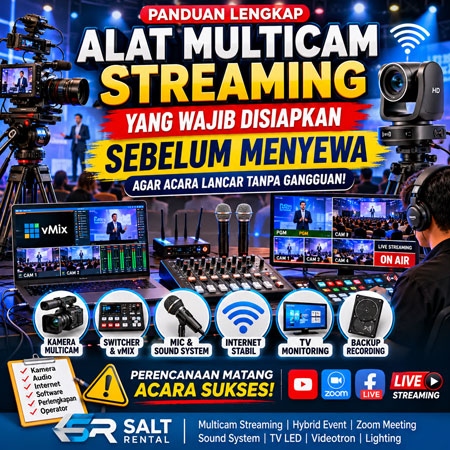 Alat multicam streaming yang wajib disiapkan sebelum menyewa meliputi kamera multicam, switcher vMix, audio mixer, microphone, internet stabil, hard disk backup, TV monitoring, dan perangkat live streaming profesional untuk seminar, webinar, hybrid event, dan YouTube Live.