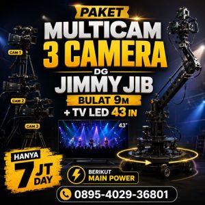Paket Multicam 3 Camera Jimmy Jib Bulat 9 Meter TV LED 43 Inch Main Power Jakarta Barat Salt Rental untuk seminar gathering wedding live streaming corporate event