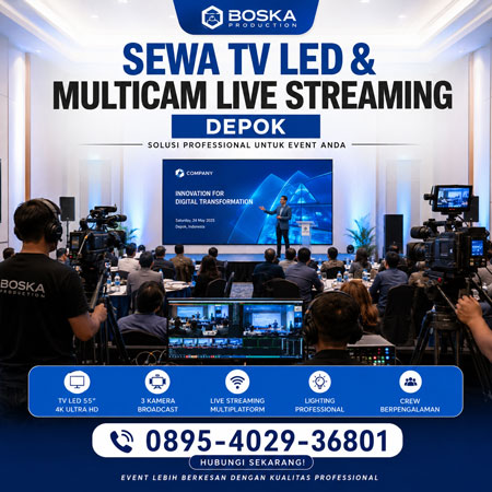 Sewa TV LED dan jasa multicam live streaming Depok untuk seminar webinar hybrid event dan acara perusahaan.
