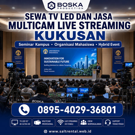 Sewa TV LED dan Jasa Multicam Live Streaming Kukusan untuk seminar kampus dan organisasi mahasiswa Universitas Indonesia