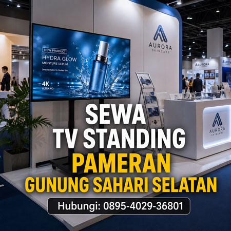 Rental TV standing premium untuk kebutuhan booth pameran di area Gunung Sahari Selatan Jakarta Pusat.